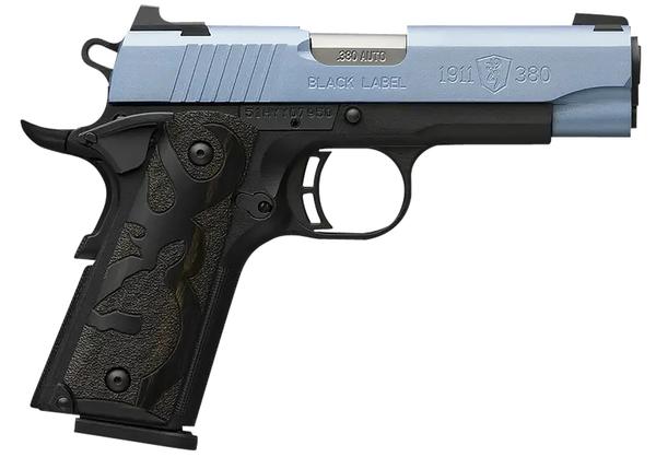 Browning 051990492 1911 Black Label Compact 380 ACP StainlessSteel Barrel,  Polar Blue Cerakote Serrated Aluminum Slide, Aluminum Frame w/Beavertail, Matte Black Receiver Black Laminate Wood Grips